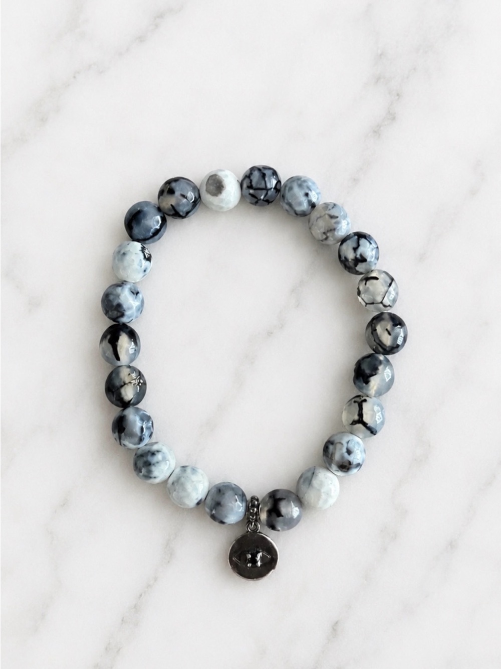 Beaded Gray Marble Stretch Bracelet with Charm